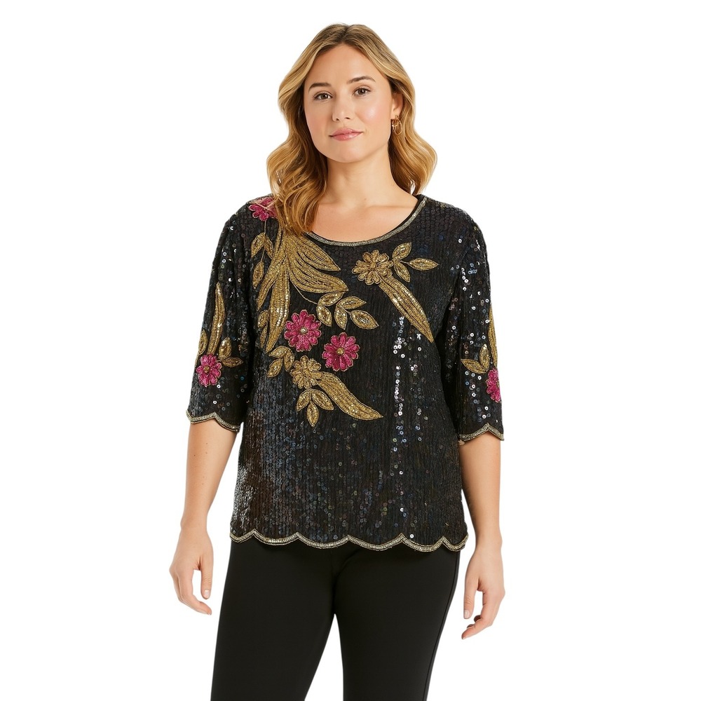VTG 80s‎ Elegance Sequin Top Large Floral Beaded Party Blouse Black Gold 103